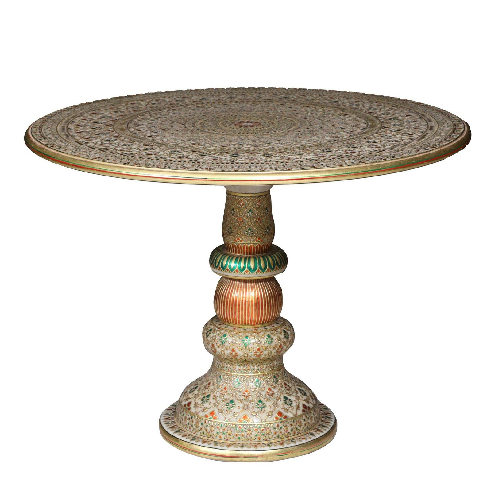 Vintage Hand Painted Marble Coffee Table | Rajasthani Design With Gemstone Inlay | 1970s (Medium Size)