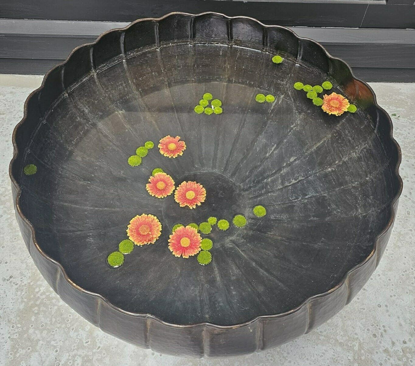 18th Century Lotus Urli Bowl – Antique Hand Hammered Brass Water Vessel From India | Large Decorative Ritual Piece photo Home Decor