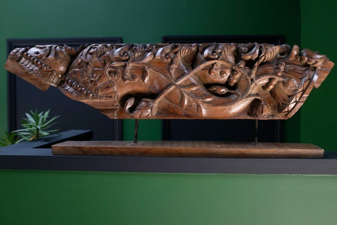 Antique Indian Wood Temple Carving – 19th Century Hand Carved Carving Intricate Floral & Leaf Patterns, Decorative Piece For Home Decor photo 295.0