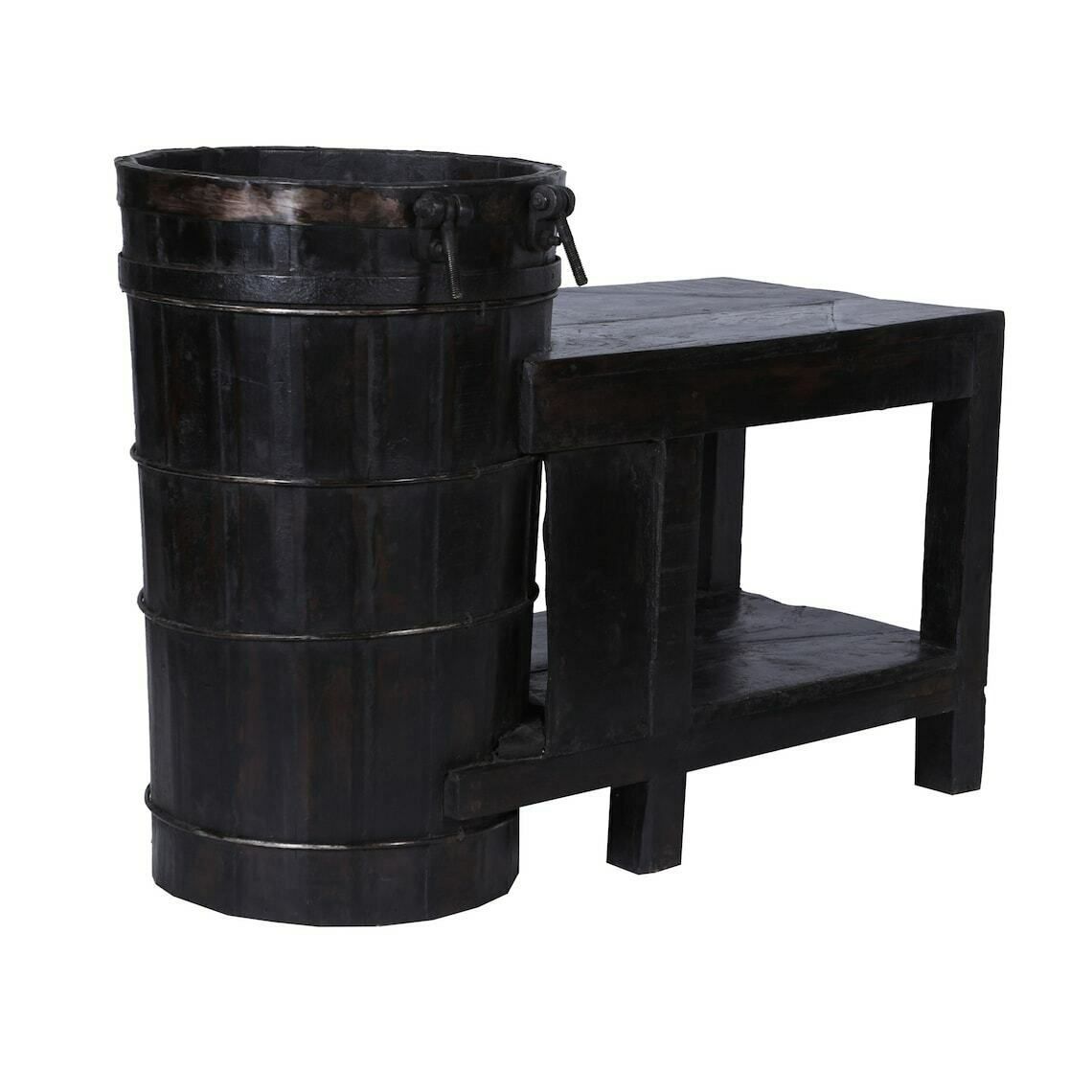 Antique Indian Ghara & Table (1960s Gujarat) – Handcrafted Teakwood With Integrated Water Vessel & Iron Detailing photo furniture