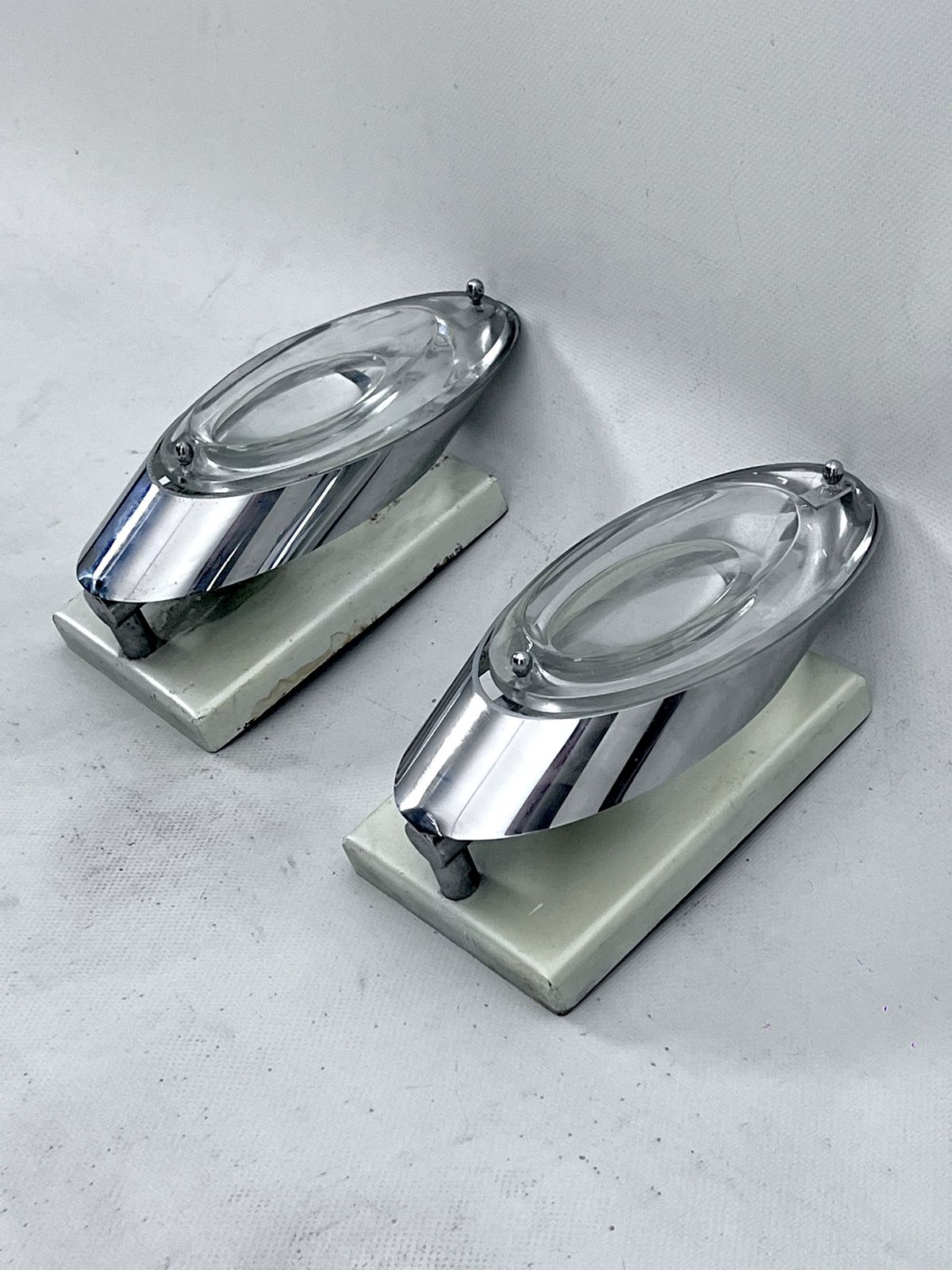 Oscar Torlasco, Postmodern Pair Of Italian Sconces In Chrome And Glass. 1970s photo furniture