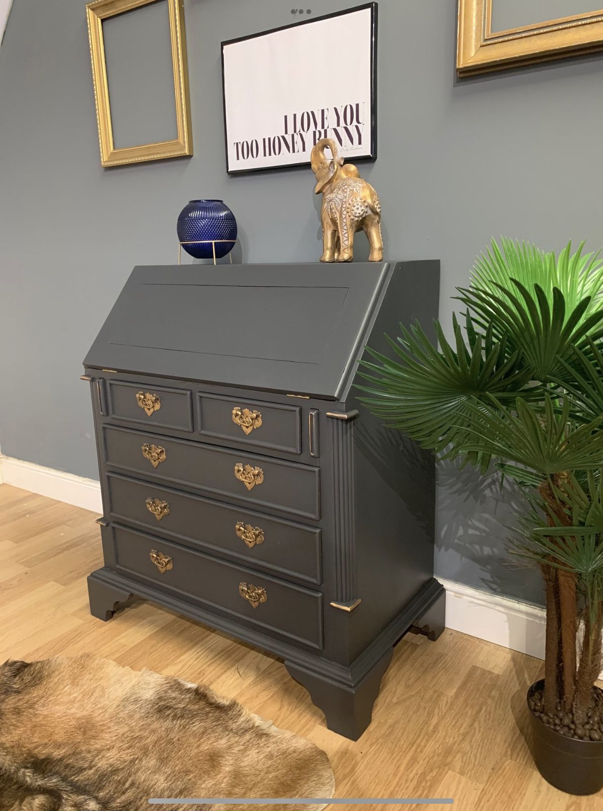 Professionally Spray Painted Grey Mahogany Bureau Desk photo for sale