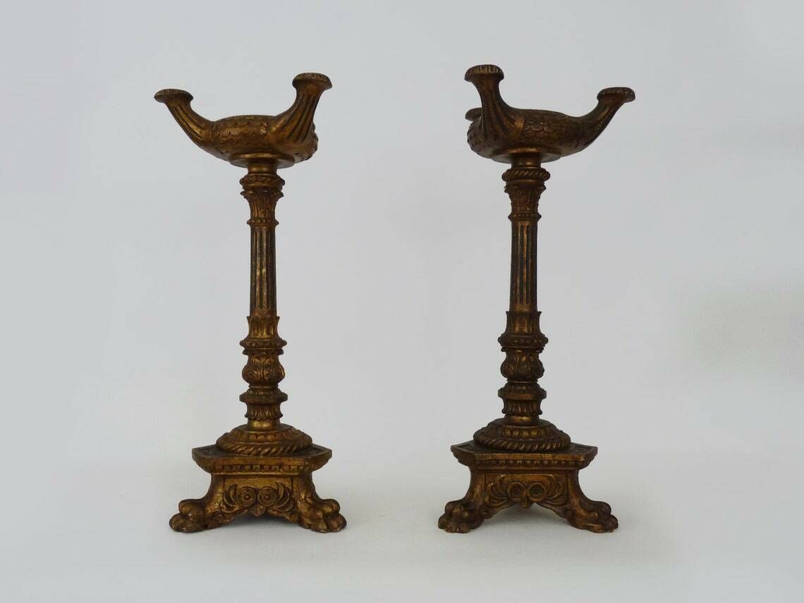 Pair Of Candlesticks, Church Candlesticks In Carved Gilded Wood, Lion's Paw Candlesticks