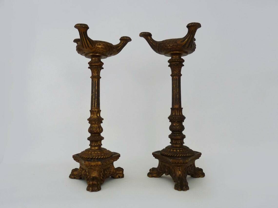 Pair Of Candlesticks, Church Candlesticks In Carved Gilded Wood, Lion's Paw Candlesticks photo furniture