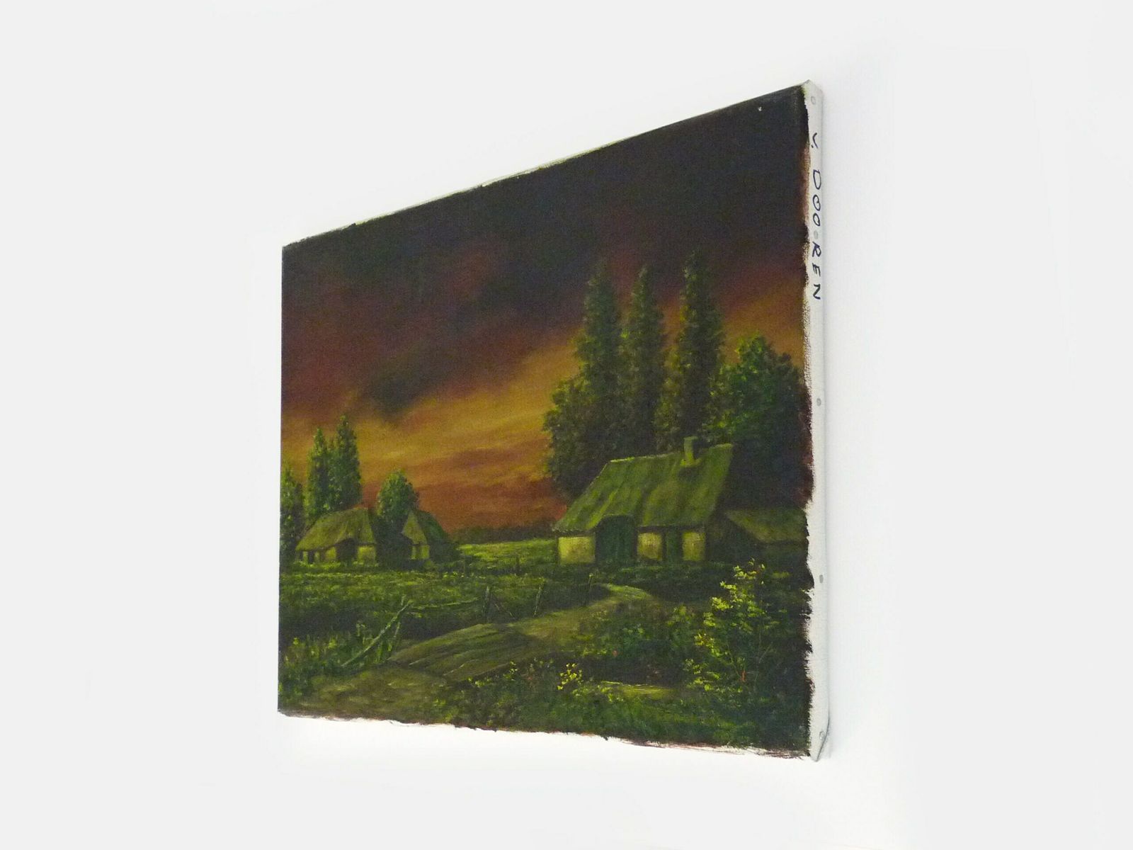 Huile sur toile, village de Jan Van Dooren, coucher de soleil. Signée photo for sale