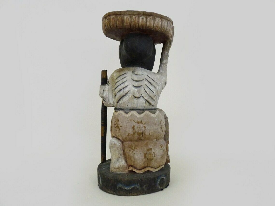 Appui-tête, porte-plante, sculpture chinoise en bois sculpté polychrome, début du XXe siècle photo vintage