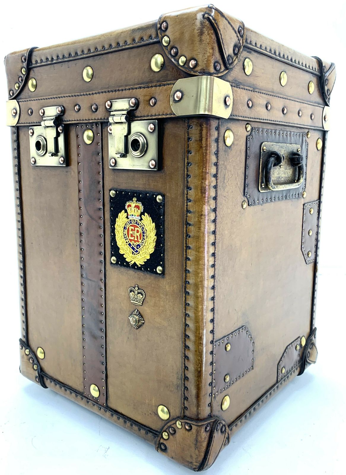 Vintage Style Trunk   Leather With 2 Brass Locks And Royal Coat Of Arms To The Top photo vinterior