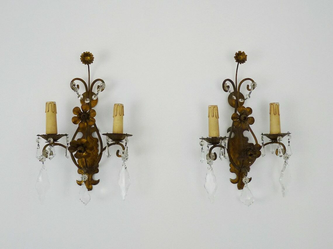 Magnificent Pair Of Vintage Italian Wall Lights In Gilded Metal, Glass Pendants.