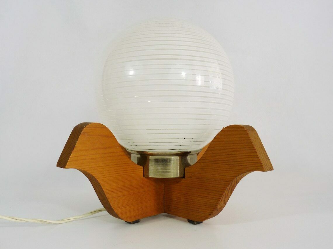 Vintage Chandelier In Wood And White Globe. Old Light Fixture. Wood Chandelier
