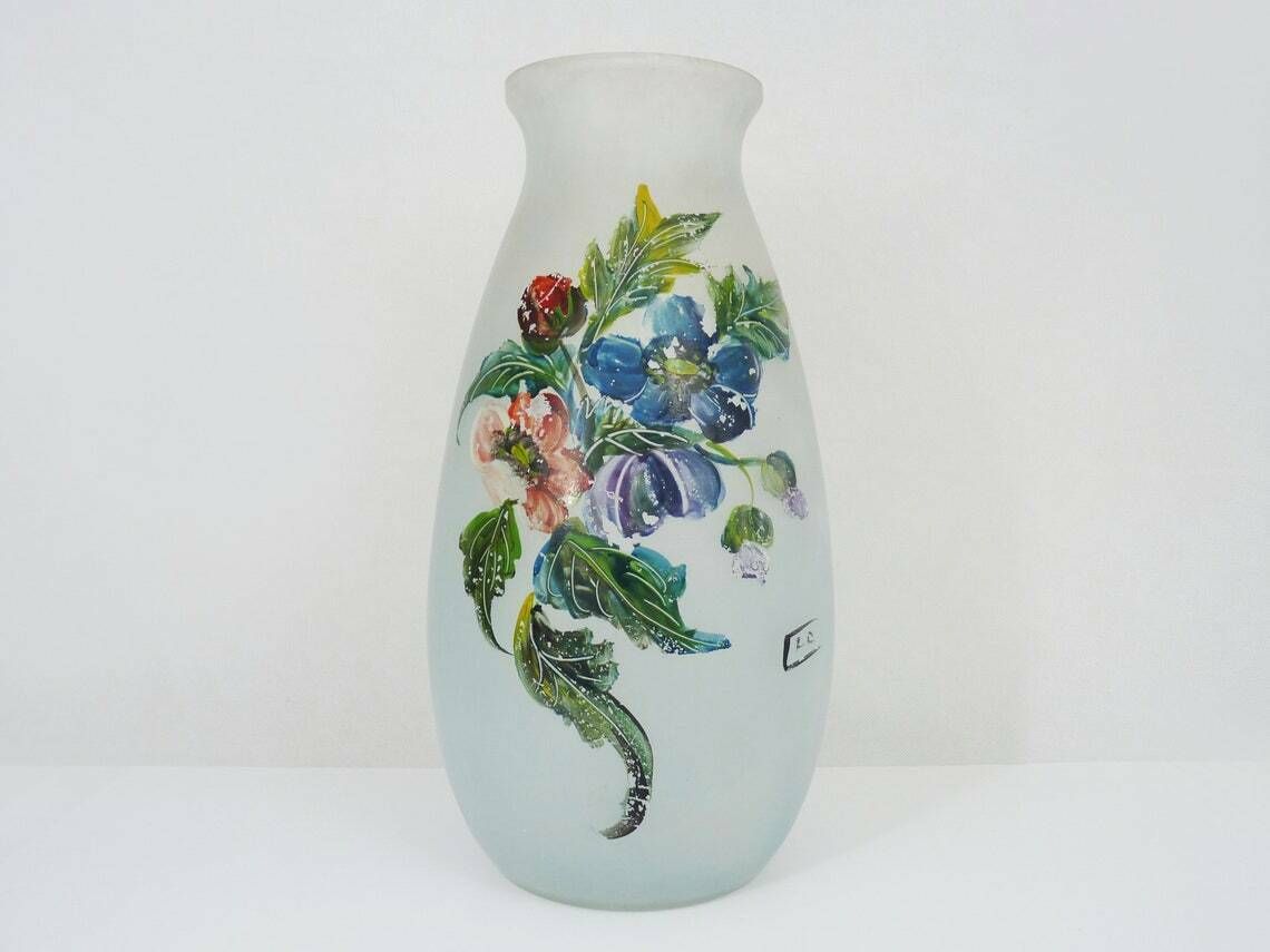 Large Art Nouveau Vase Signed Floral Decor In Glass Paste