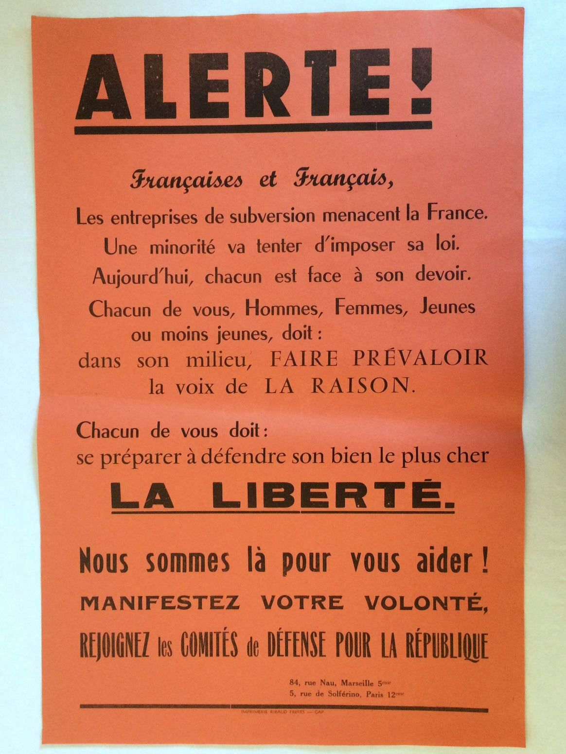 Rare Original Poster May 68 "Alert!" By "The Defense Committees For The Republic". France 1968 photo furniture