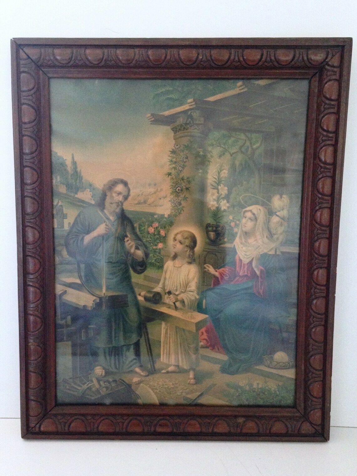Great And Beautiful Engraving Lithography, Under Glass In Its Wooden Frame, Of The Holy Family Jesus, Mary, Joseph. Nineteenth Century photo furniture
