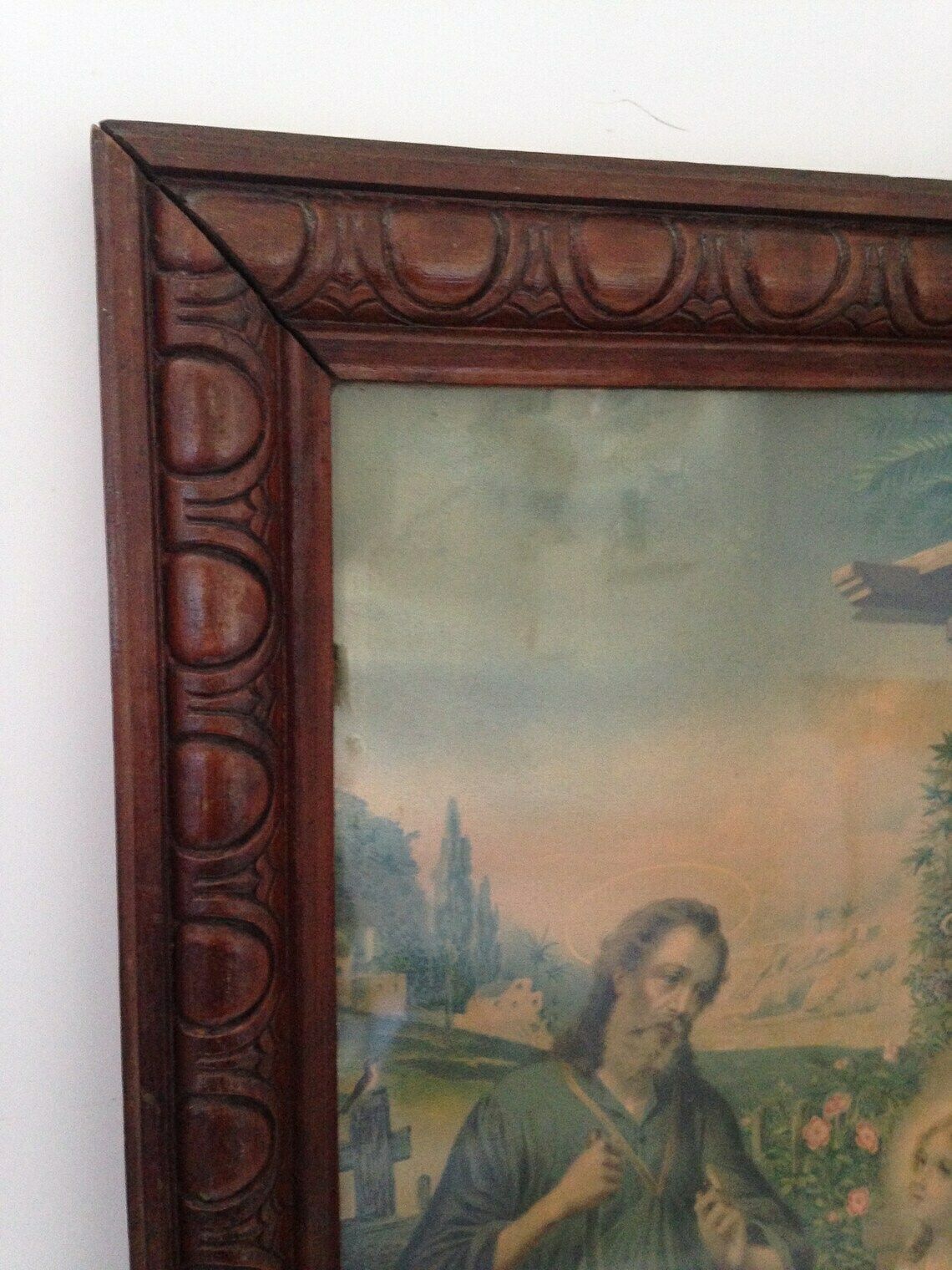 Great And Beautiful Engraving Lithography, Under Glass In Its Wooden Frame, Of The Holy Family Jesus, Mary, Joseph. Nineteenth Century photo for sale