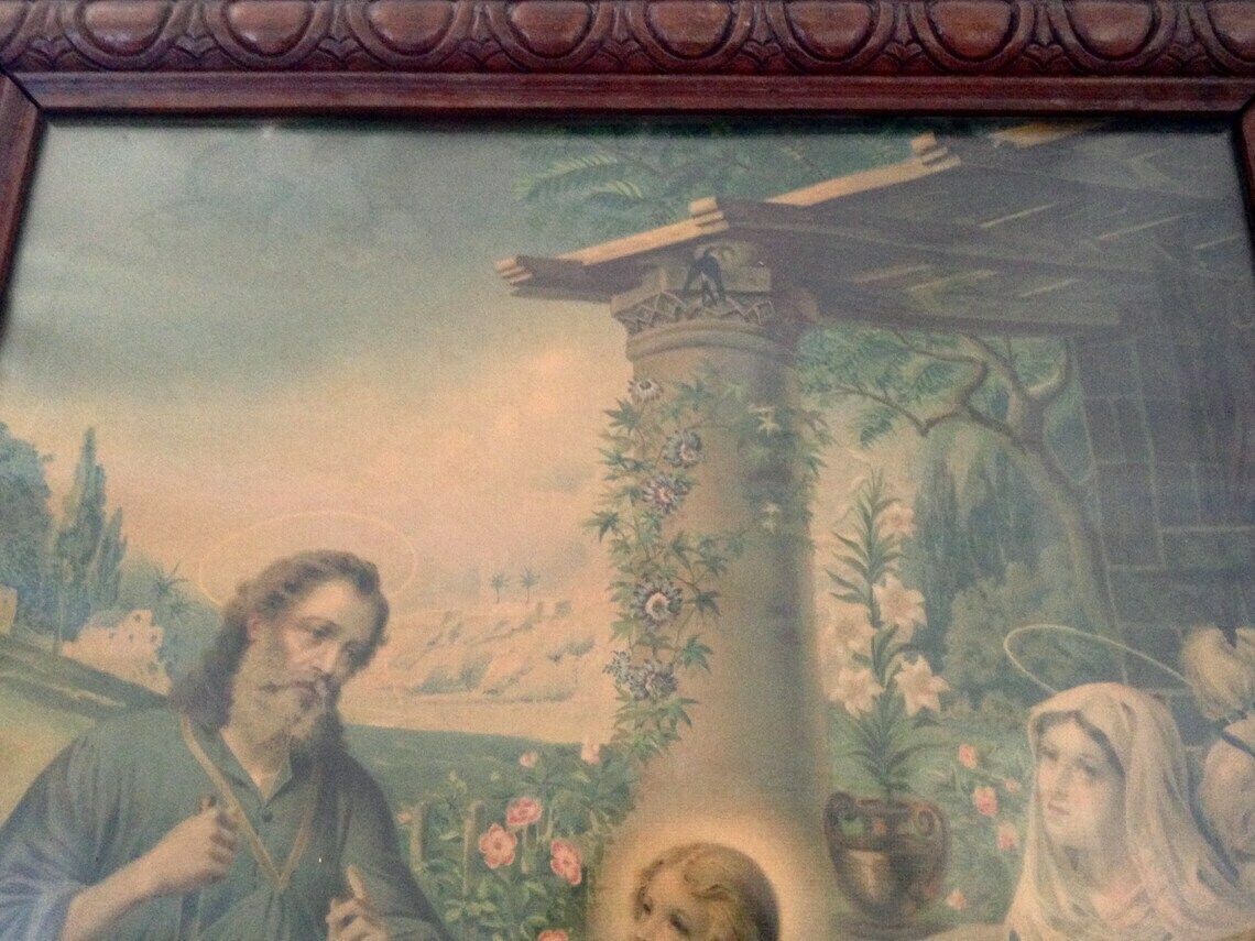 Great And Beautiful Engraving Lithography, Under Glass In Its Wooden Frame, Of The Holy Family Jesus, Mary, Joseph. Nineteenth Century photo 161.2