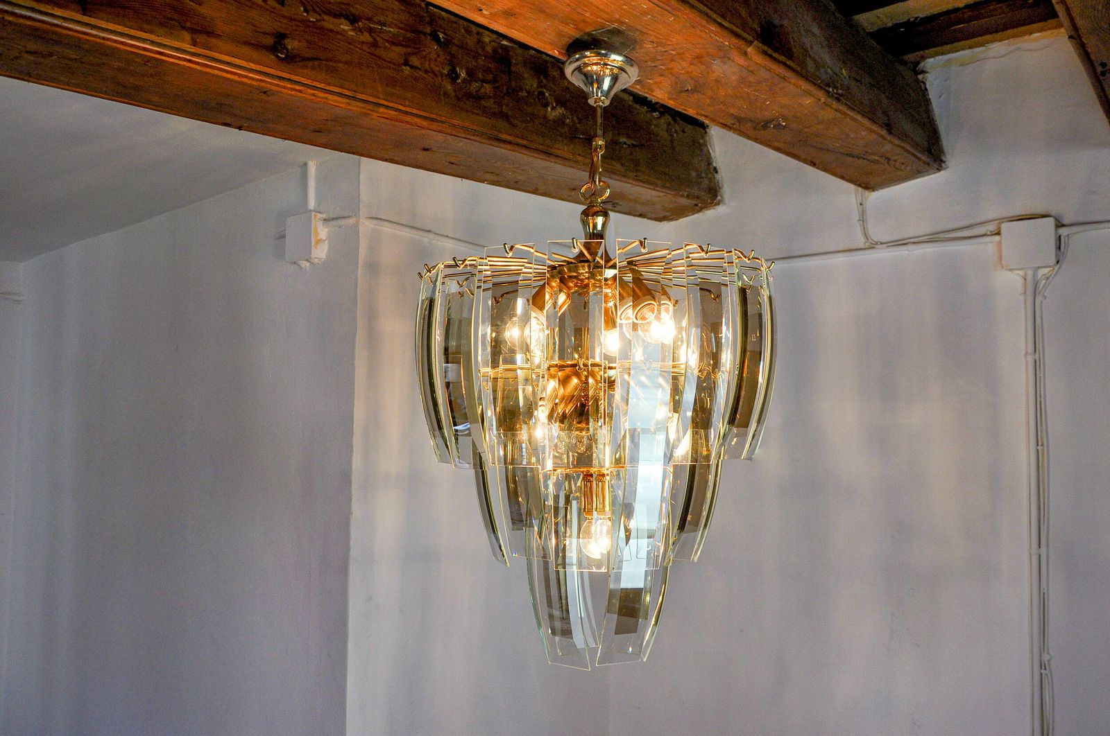 photo furniture Black Veca Chandelier 3 Levels, Murano Glass, Italy, 1970