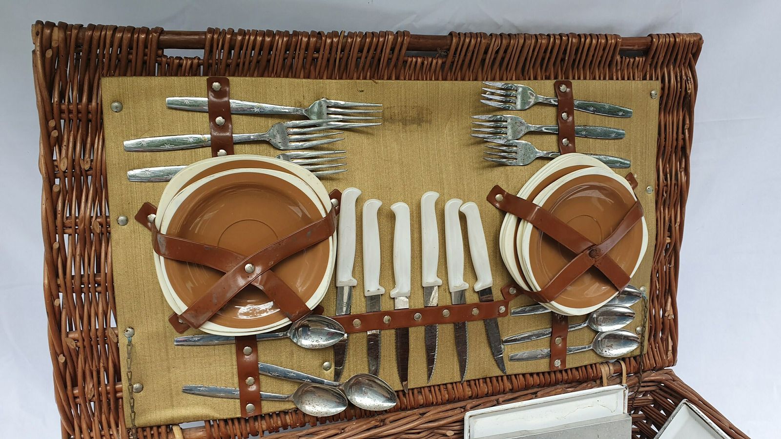 Vintage Large Picnic Basket And Contents Tupperware Mid 20th Century Tv Theatre Display Prop photo furniture