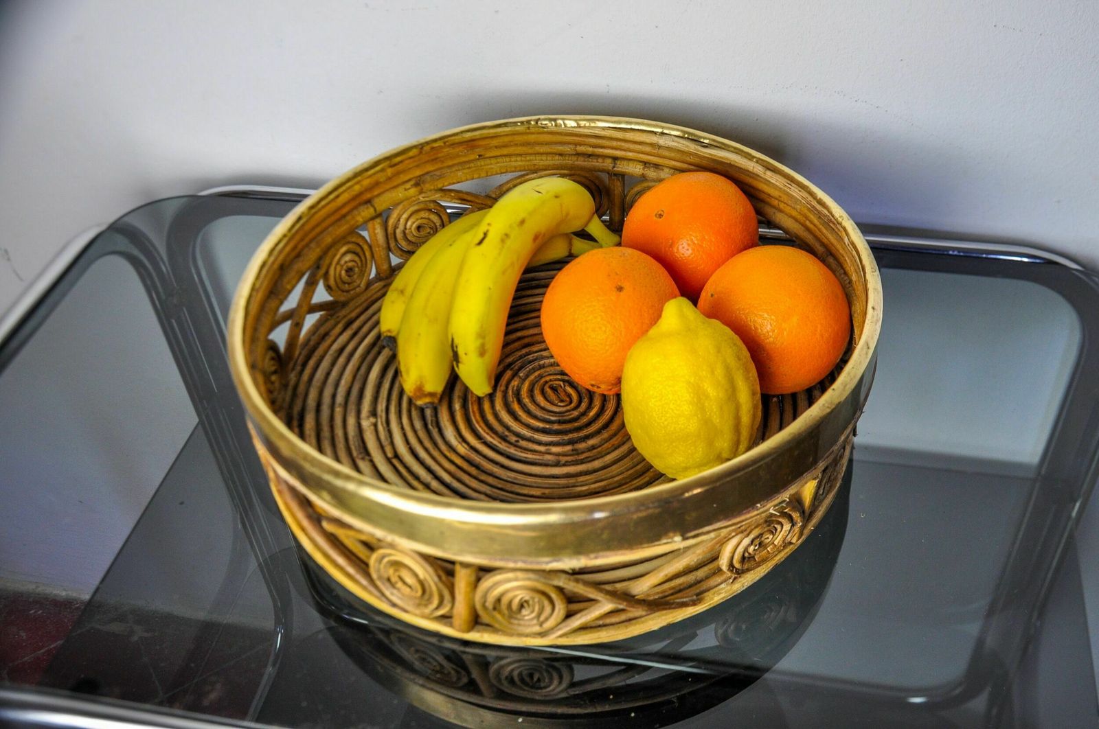 Rattan And Brass Centerpiece, Italy, 1970 photo vintage