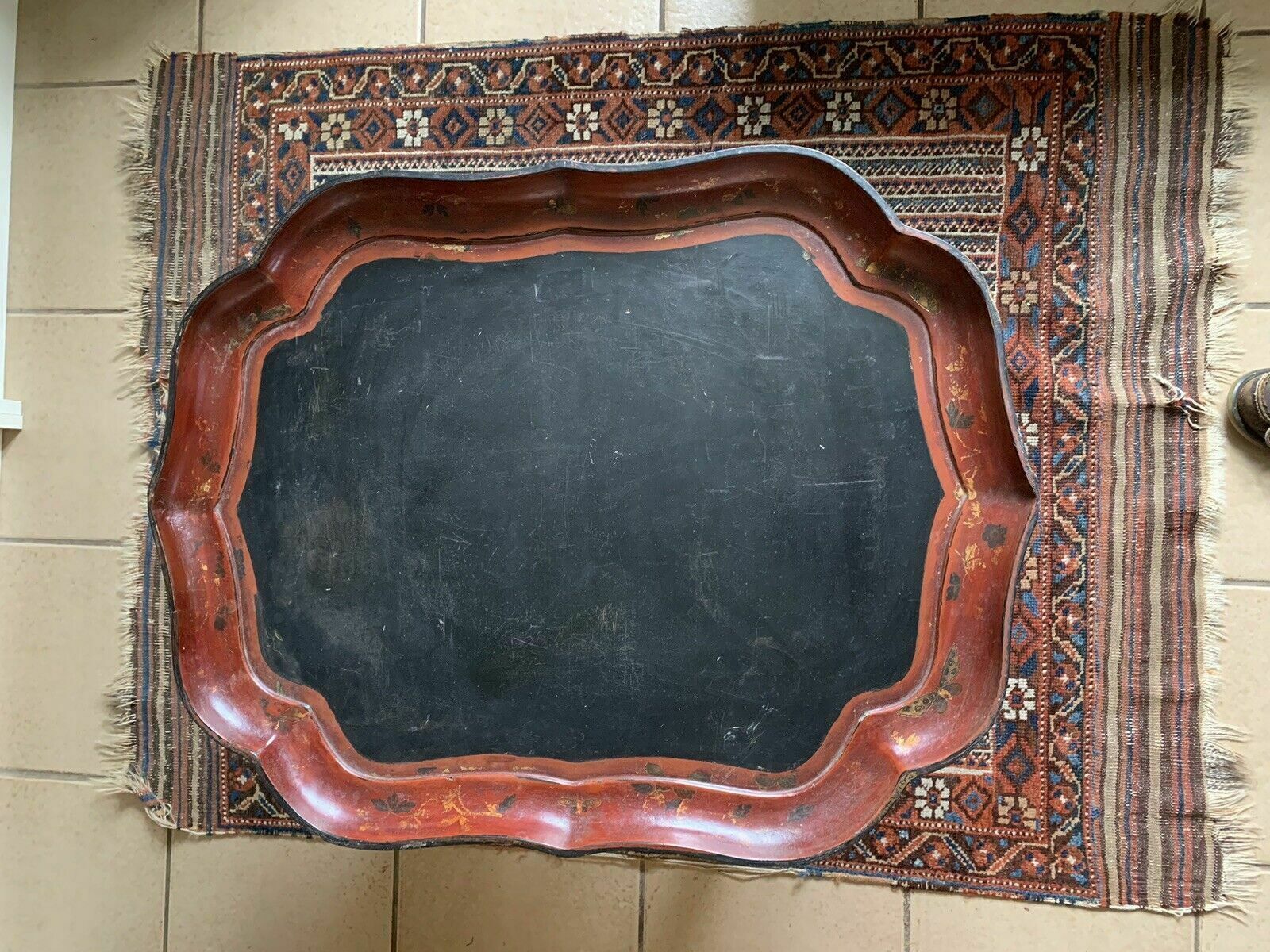 A Decorative Antique Papier Mache Tray  Top Coffee Table On Vintage Stand photo furniture