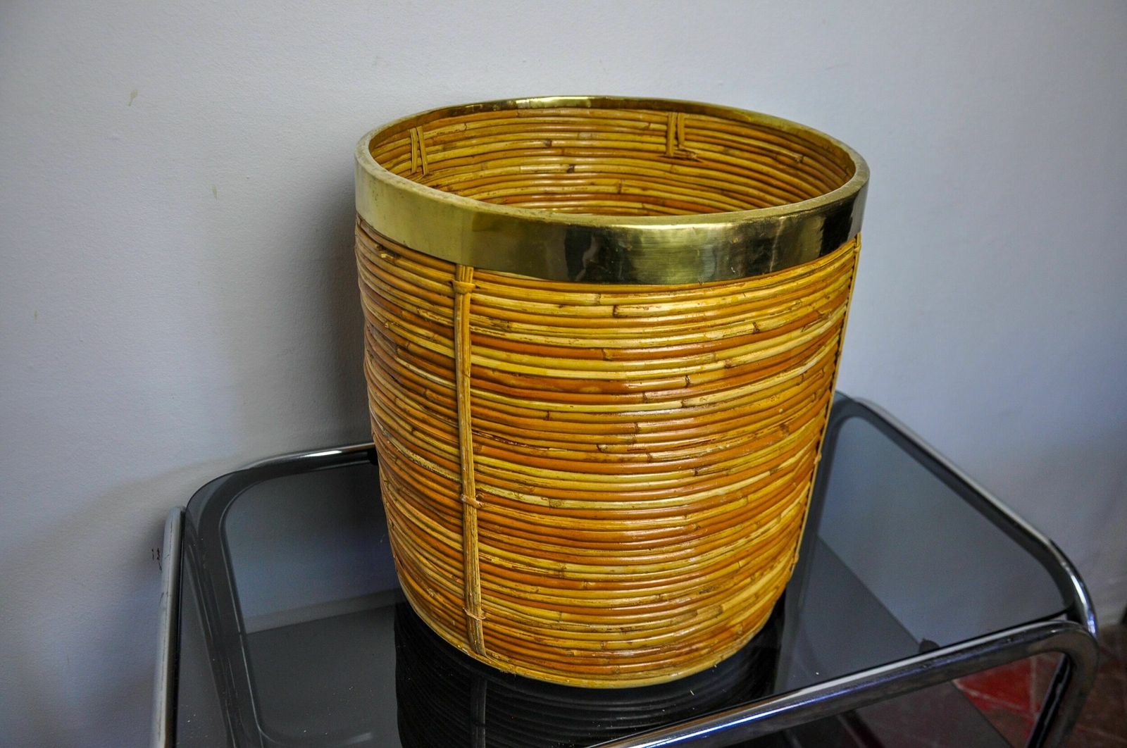Xl Basket In Rattan And Brass, Italy, 1970 photo 783.0