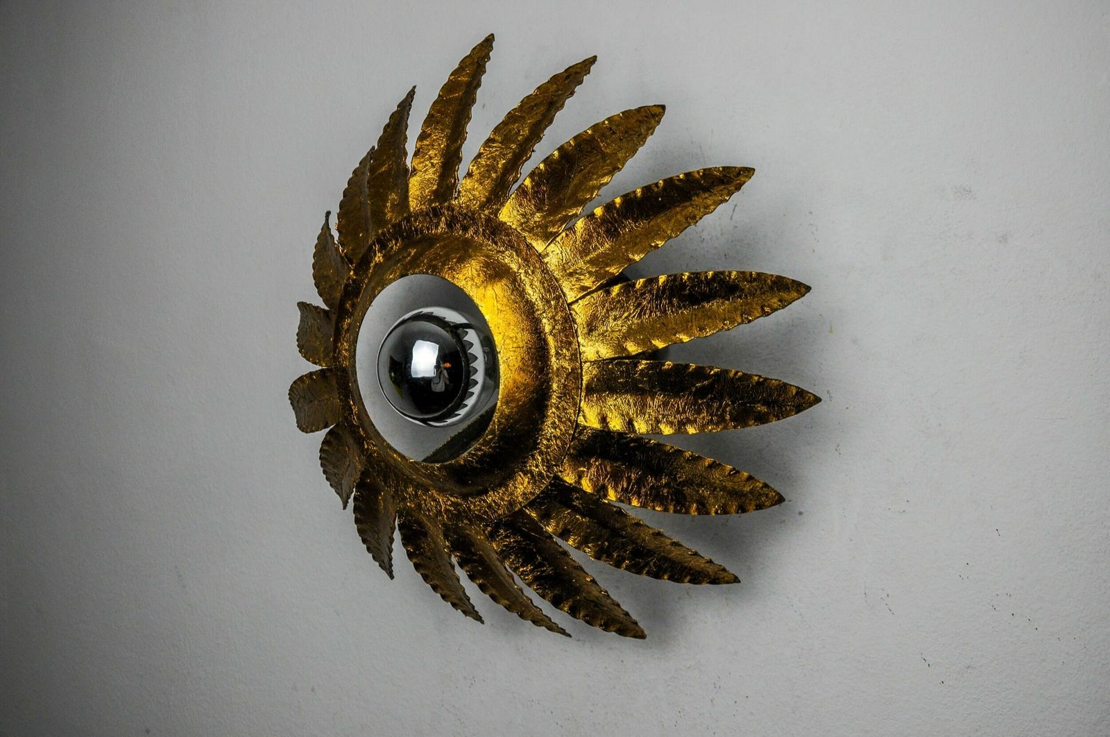 Sun Wall Lamp By Ferro Arte, Metal And Gold Leaf, Spain, 1960 photo for sale