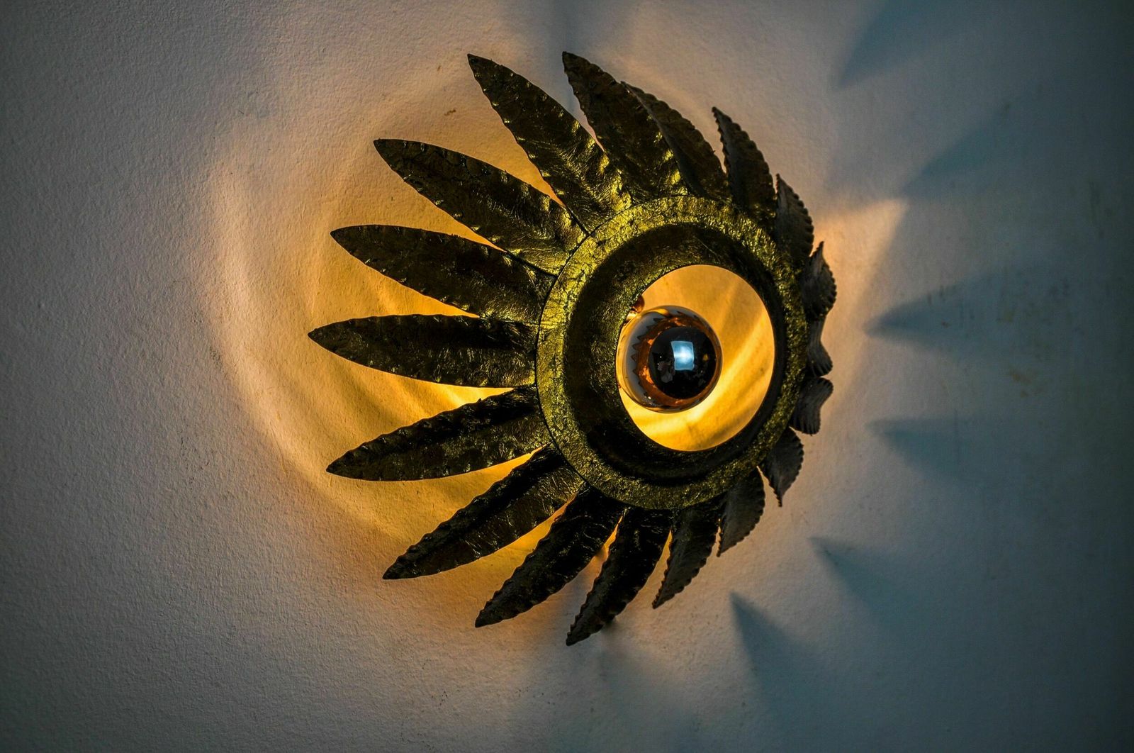Sun Wall Lamp By Ferro Arte, Metal And Gold Leaf, Spain, 1960 photo vinterior