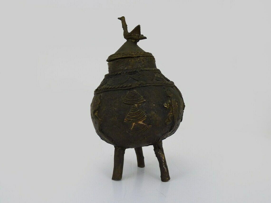 Ointment Pot, Bronze Urn. Dogon Mali. Decor Bird, Lizard, Snake. African Art
