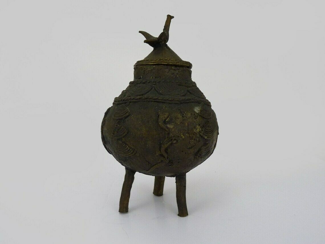 Ointment Pot, Bronze Urn. Dogon Mali. Decor Bird, Lizard, Snake. African Art photo Home Decor