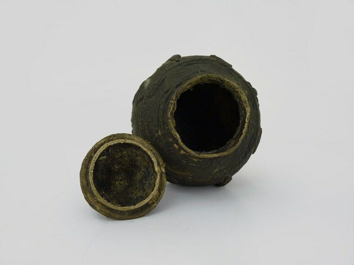 photo for sale Ointment Pot, Bronze Urn. Dogon Mali. Decor Bird, Lizard, Snake. African Art