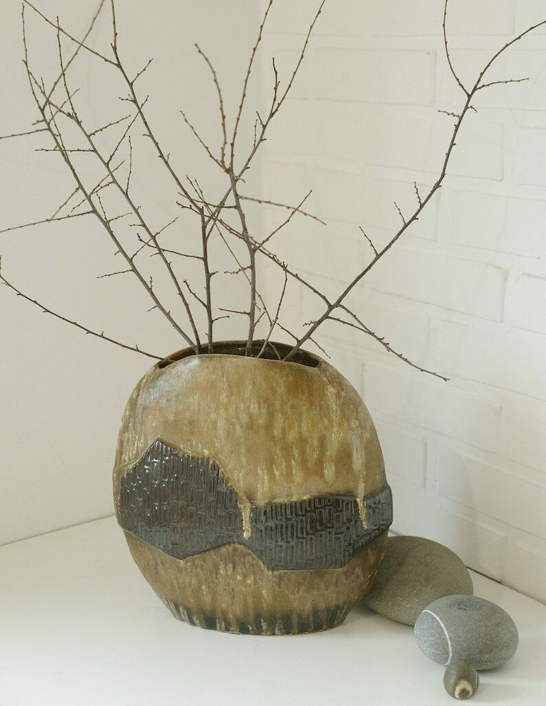 Large Ceramic Bud Vase / Floor Pampas Grass Vase / Fat Lava Pottery / Mid Century Modern / Made In Germany 1970's photo furniture