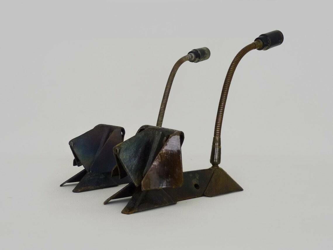Pair Of Cast Iron Wall Sconces With Articulated Arm, Dog Shape photo vintage