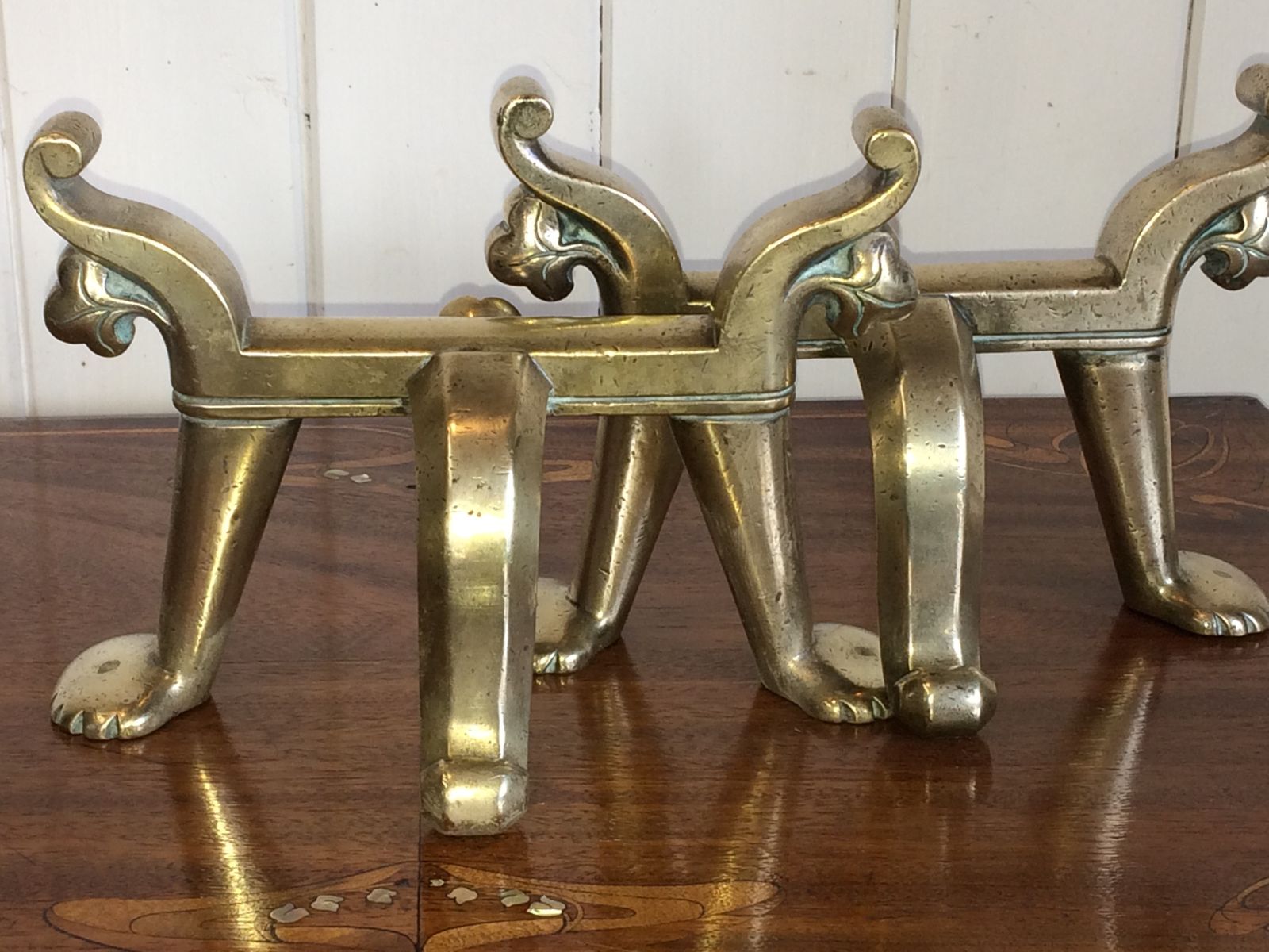 Arts And Crafts Brass Fire Dogs By Benham &Froud photo for sale