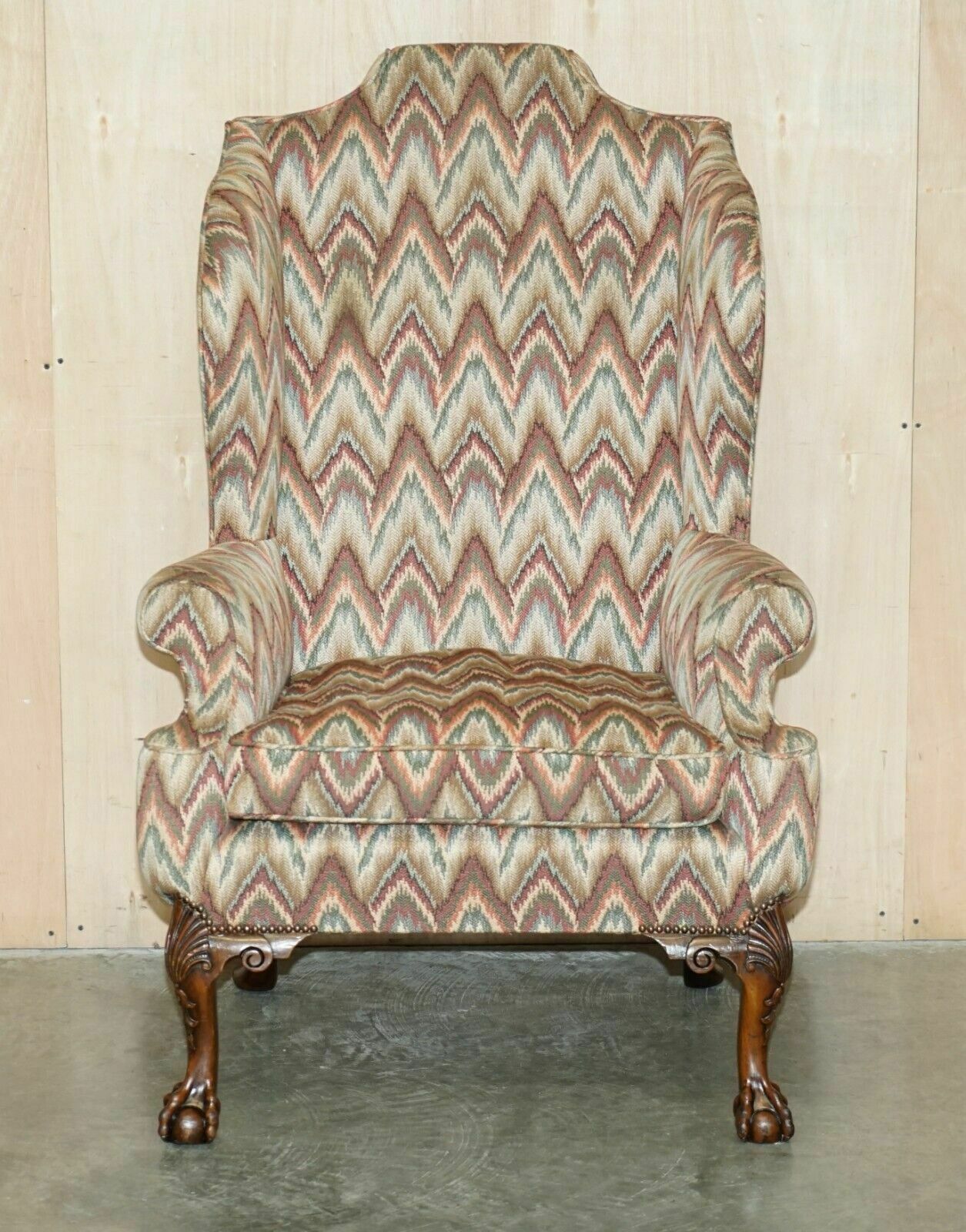 Pair Of Antique Kilim Fabric Wingback Armchairs Ornately Carved Claw & Ball Feet photo Furniture