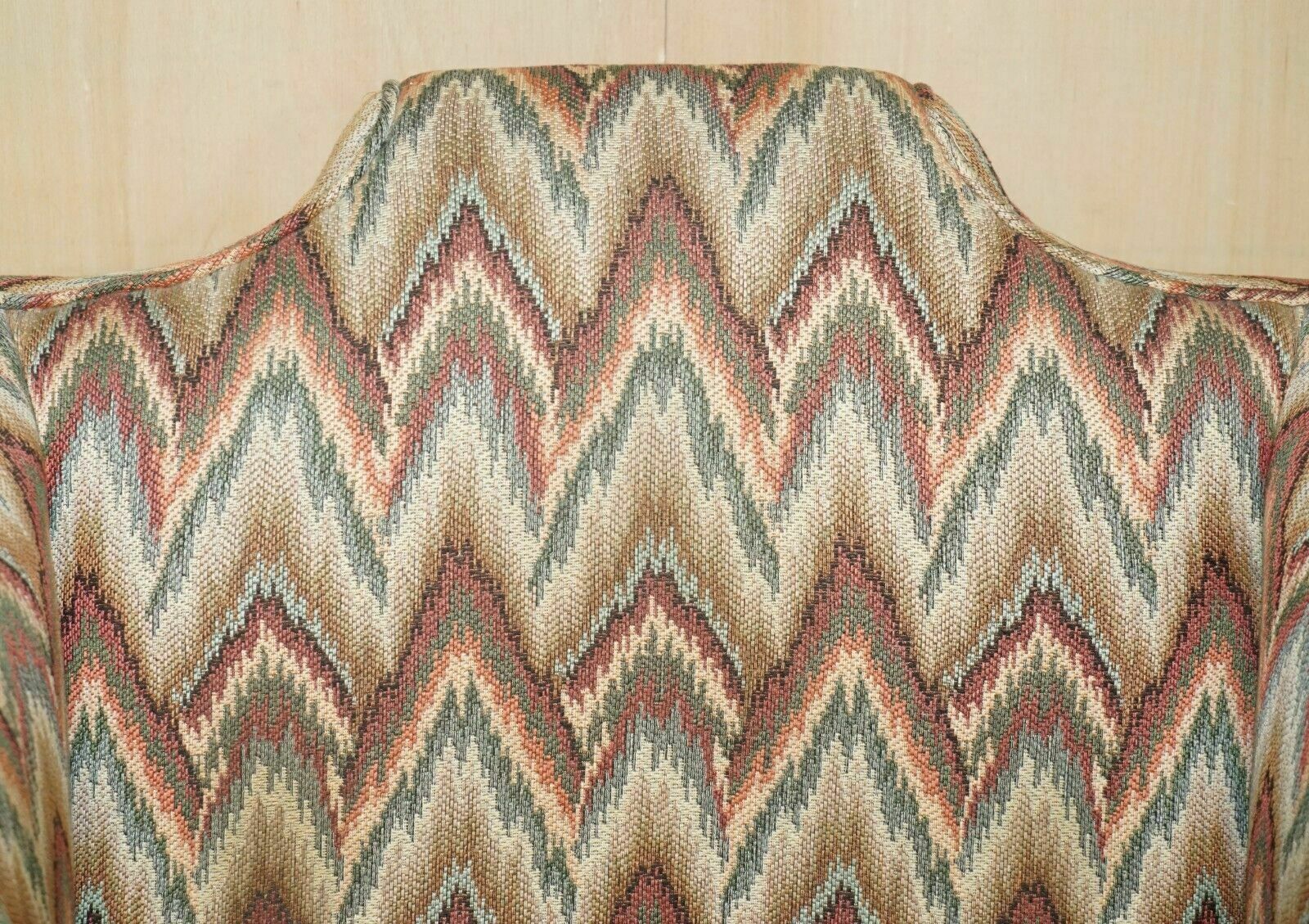 Pair Of Antique Kilim Fabric Wingback Armchairs Ornately Carved Claw & Ball Feet photo vinterior