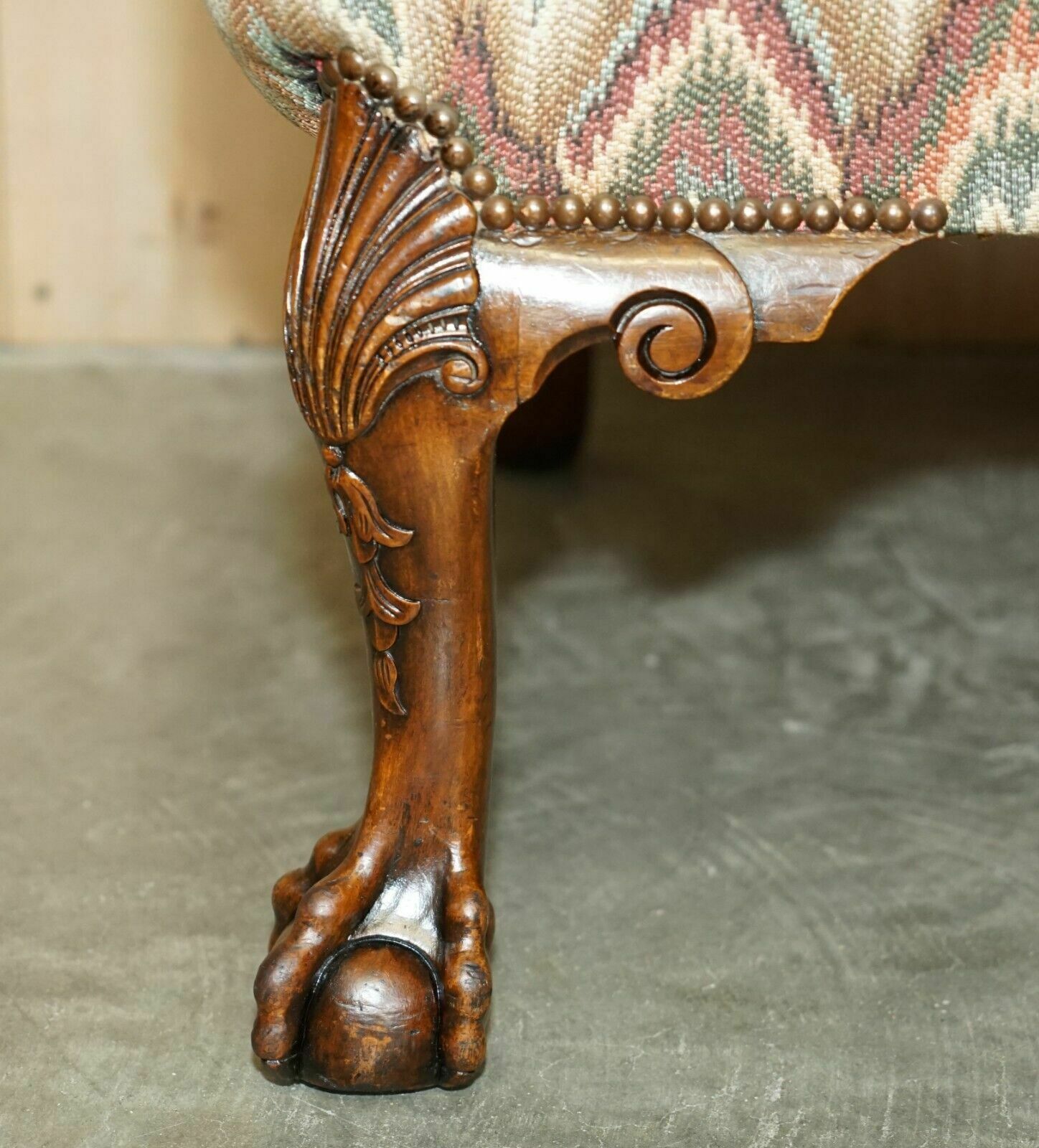 5000.0 Pair Of Antique Kilim Fabric Wingback Armchairs Ornately Carved Claw & Ball Feet photo