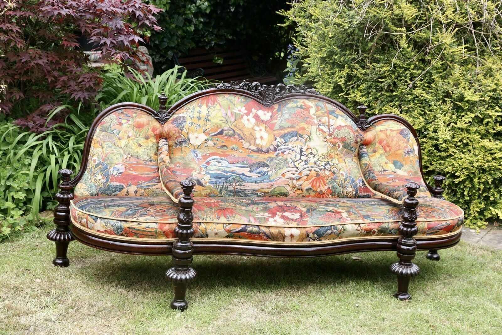 Fine Victorian Antique Rosewood Conversation Seat With Osborne & Little Fabric photo for sale