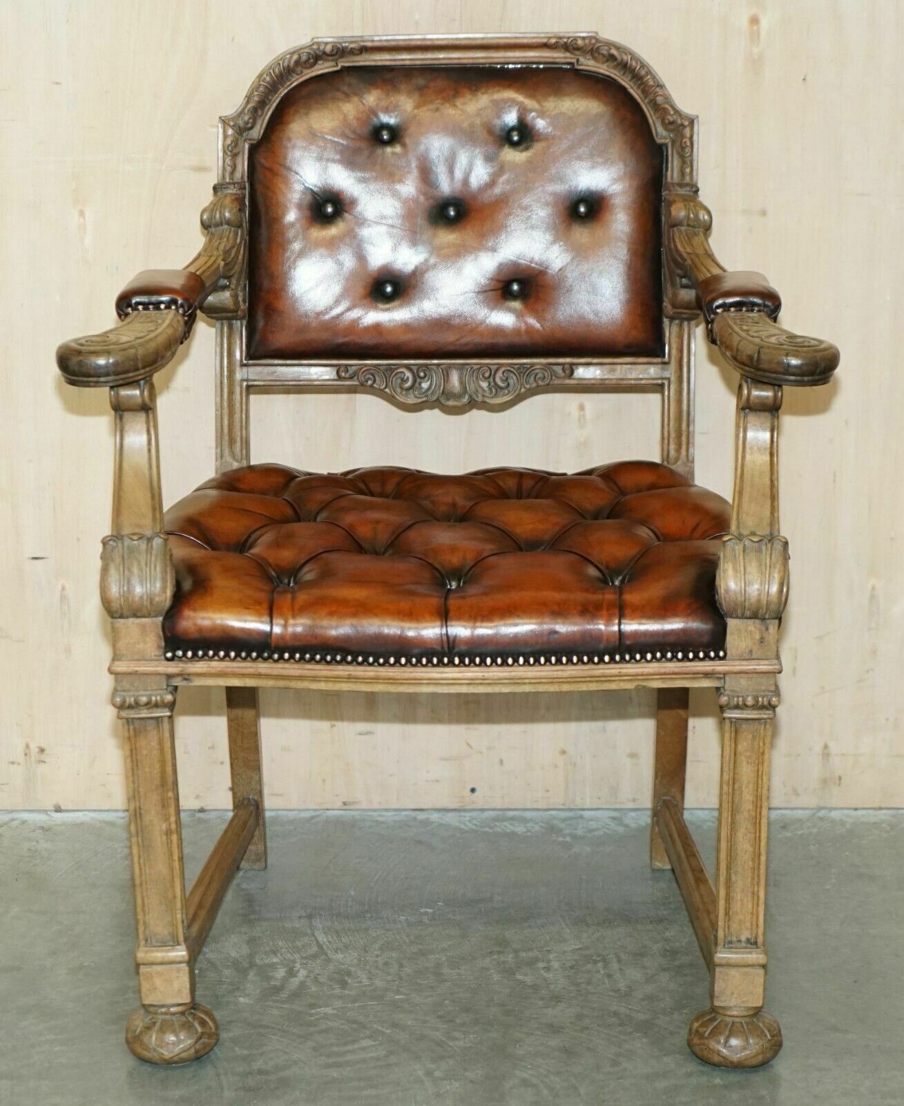 Very Fine Restored Antique Chesterfield William IV Oak Brown Leather Desk Chair photo for sale