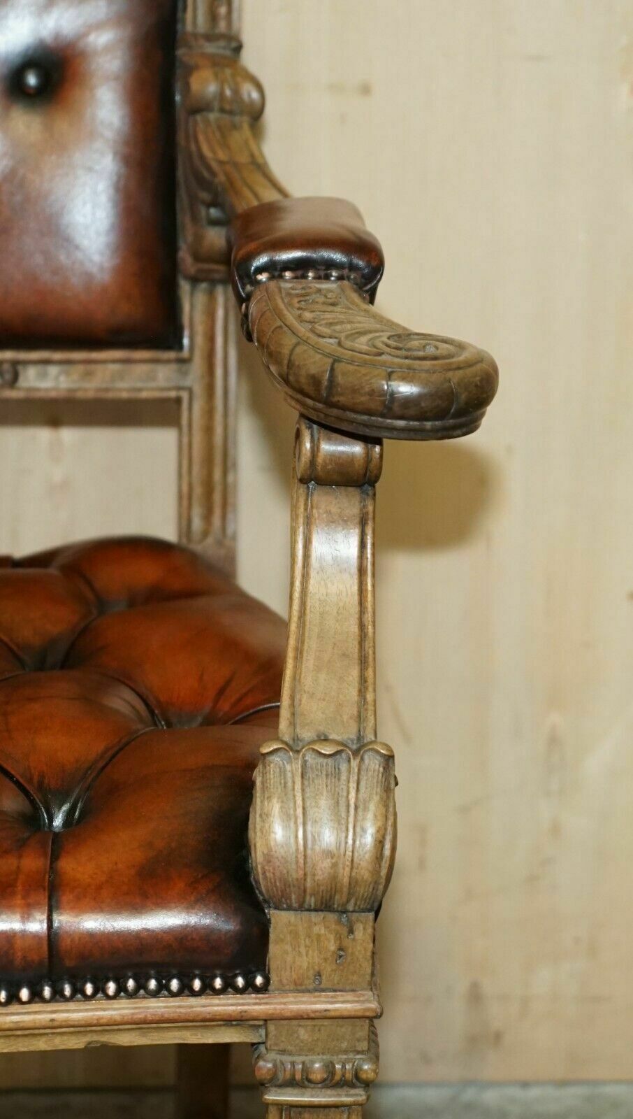 Very Fine Restored Antique Chesterfield William IV Oak Brown Leather Desk Chair photo buy