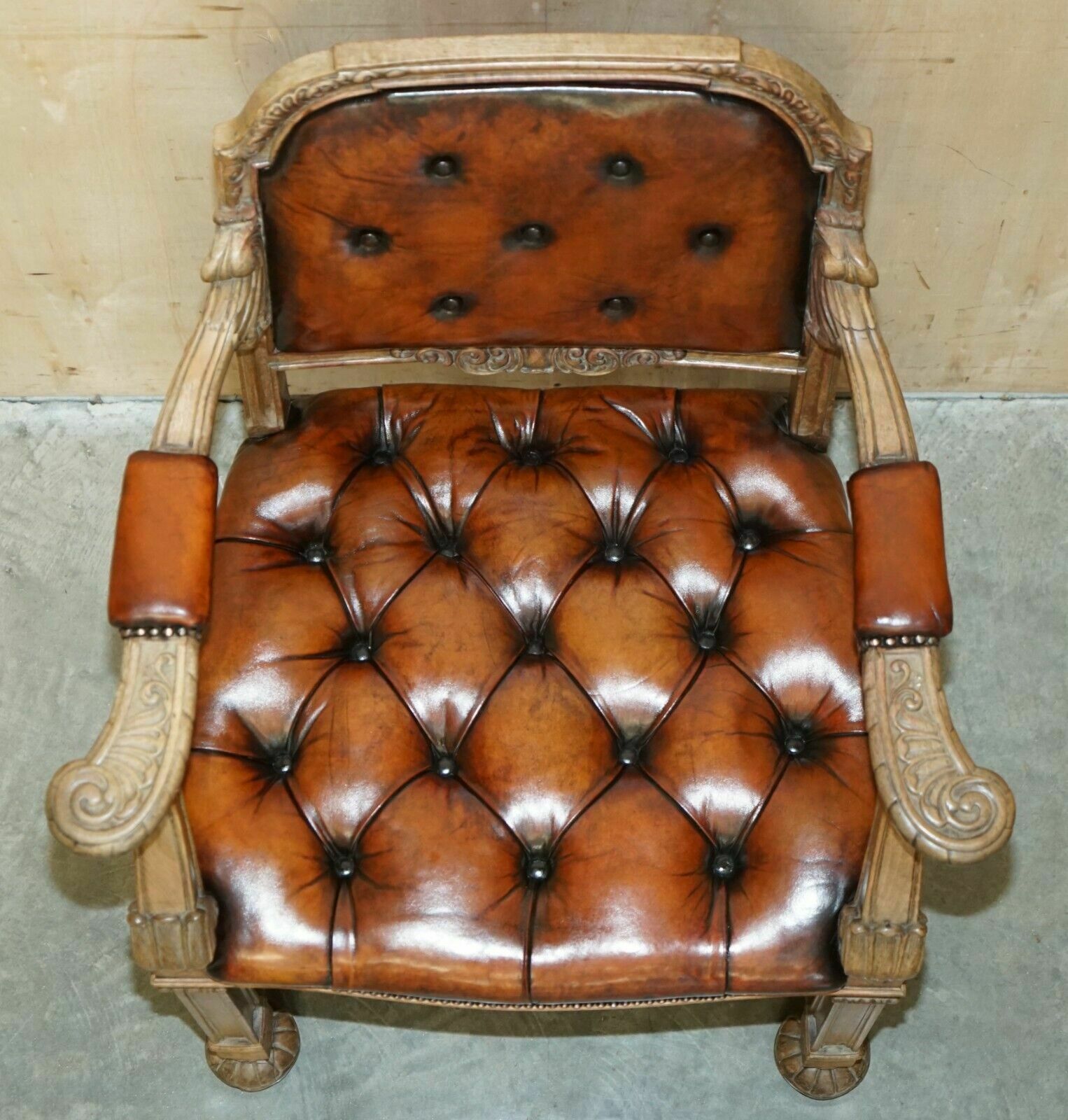 photo vinterior Very Fine Restored Antique Chesterfield William IV Oak Brown Leather Desk Chair