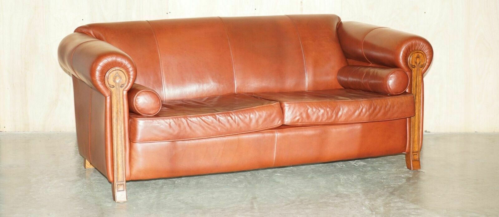 Vintage Chestnut Brown Leather Liberty's Art Nouveau Club Sofa Carved Wood Frame