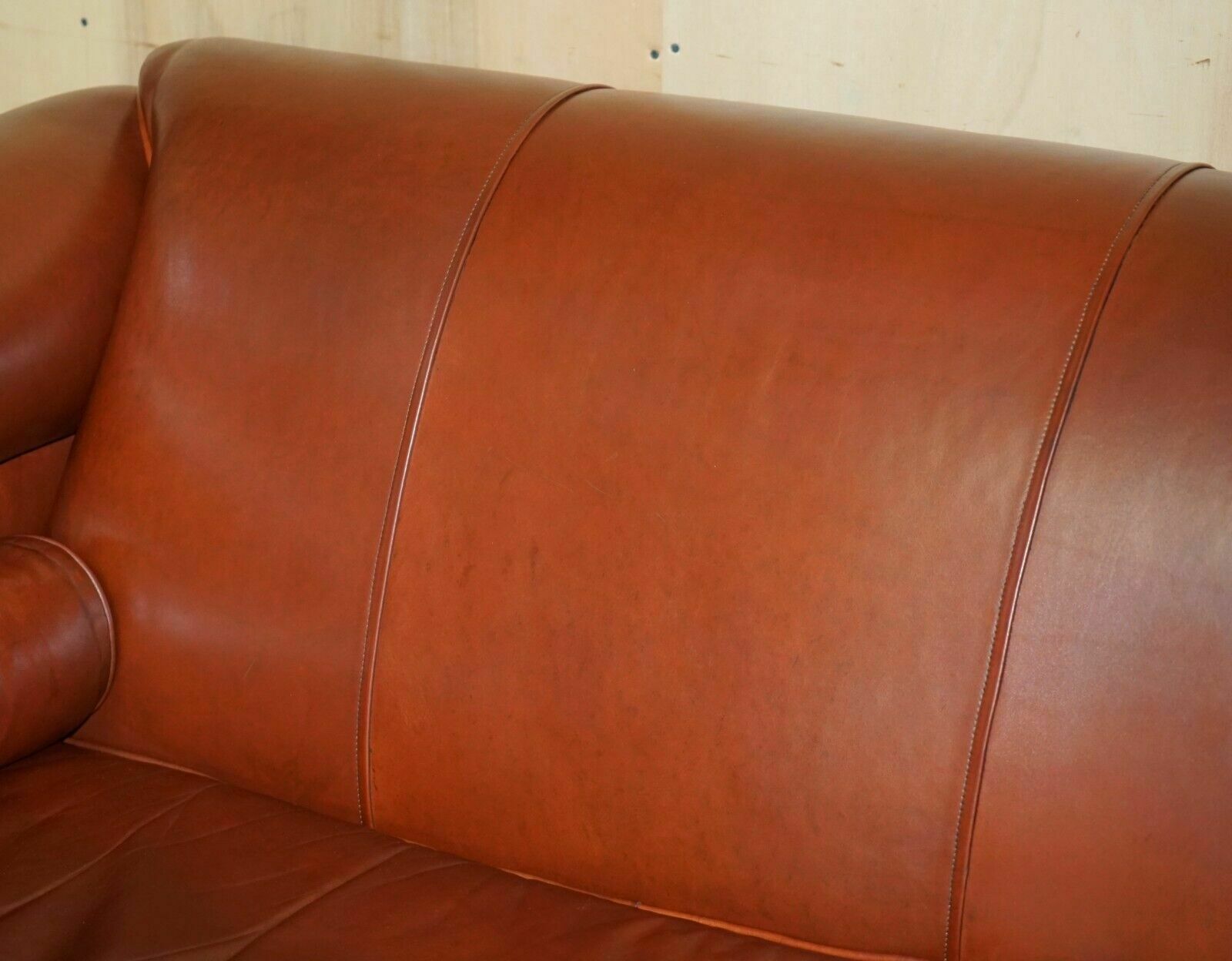 Vintage Chestnut Brown Leather Liberty's Art Nouveau Club Sofa Carved Wood Frame photo 7950.0