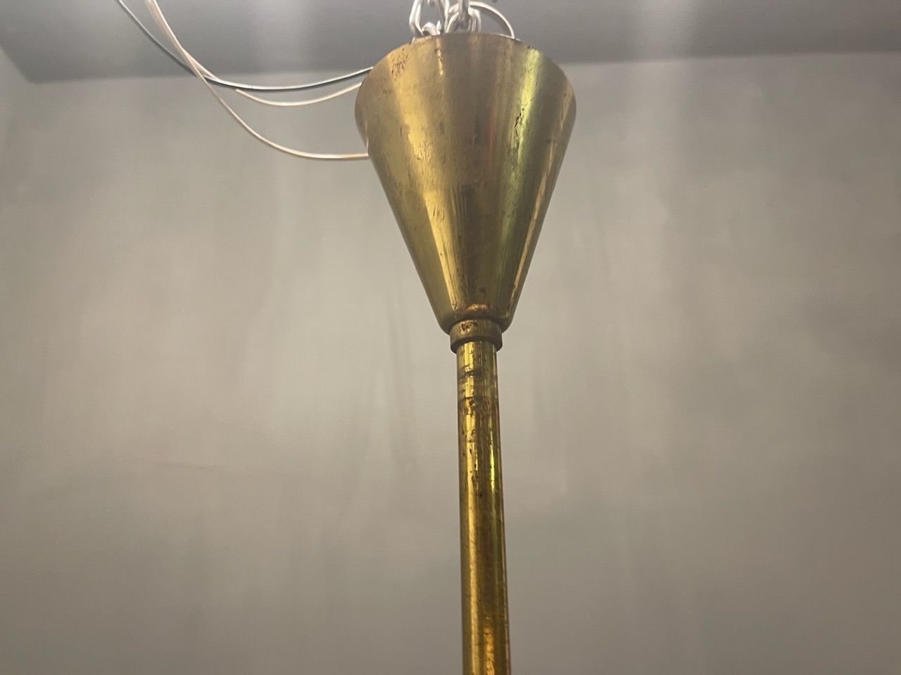 Large Stilnovo Brass Opaline Glass Chandelier 10 Lights 1950’s photo for sale