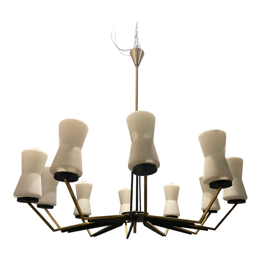 Large Stilnovo Brass Opaline Glass Chandelier 10 Lights 1950’s