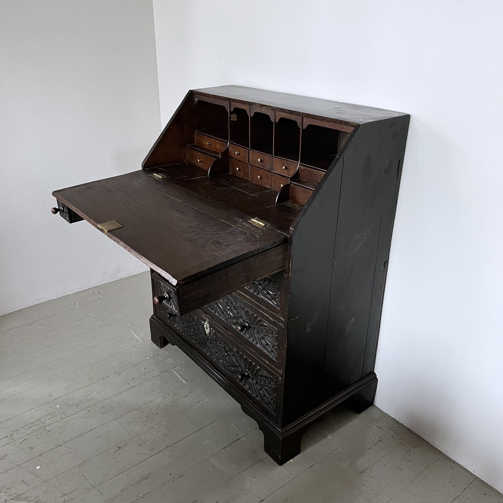 Late 17th Century Carved Ebonised Oak Bureau photo vintage