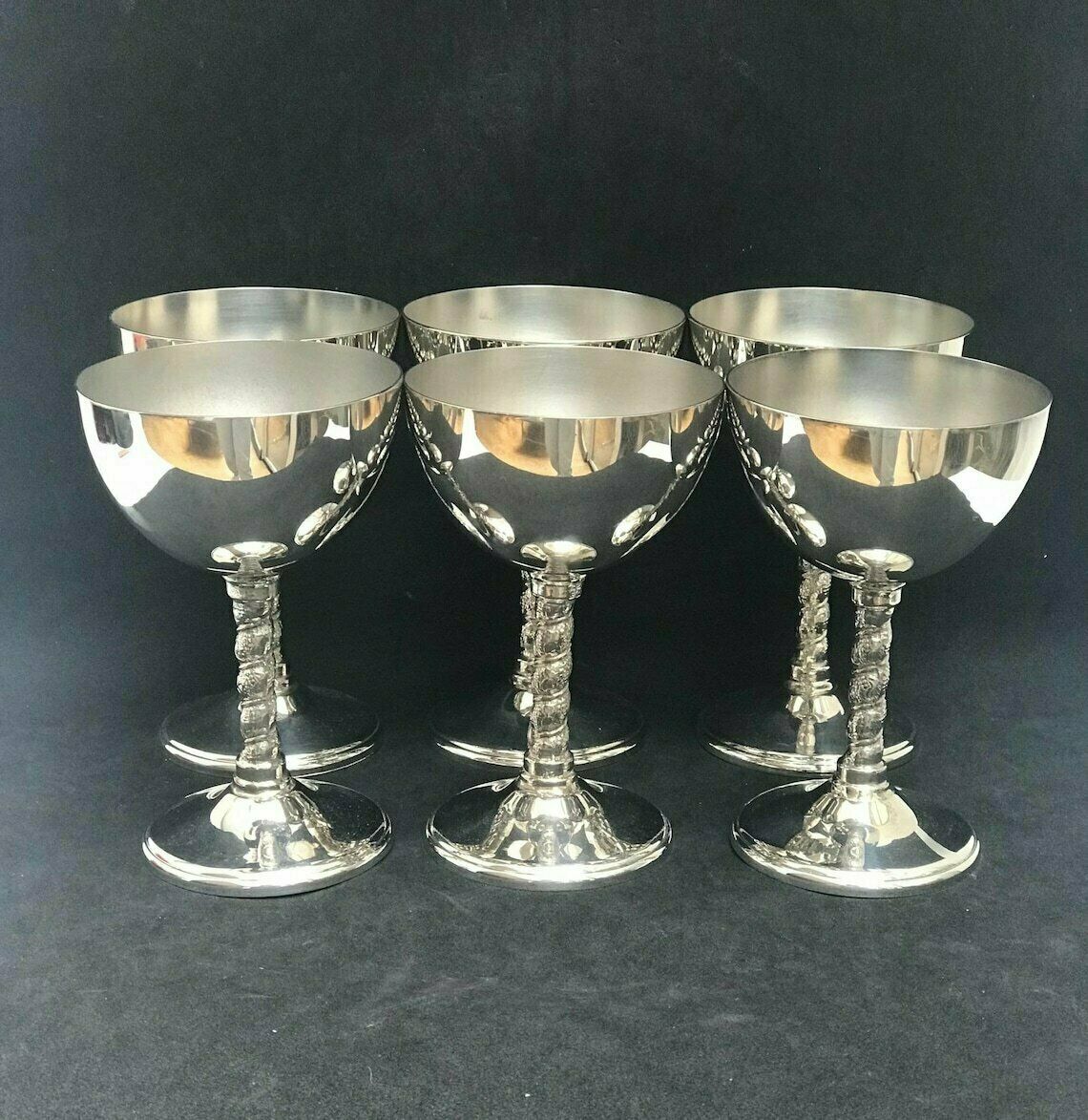 Ice Cream Cups On Pedestal 6 Dessert Bowl Champagne Or Wine Cups In Silvered Metal Sorbet Cups Art Deco, Liqueur, Dessert Or Cream Cups photo for sale