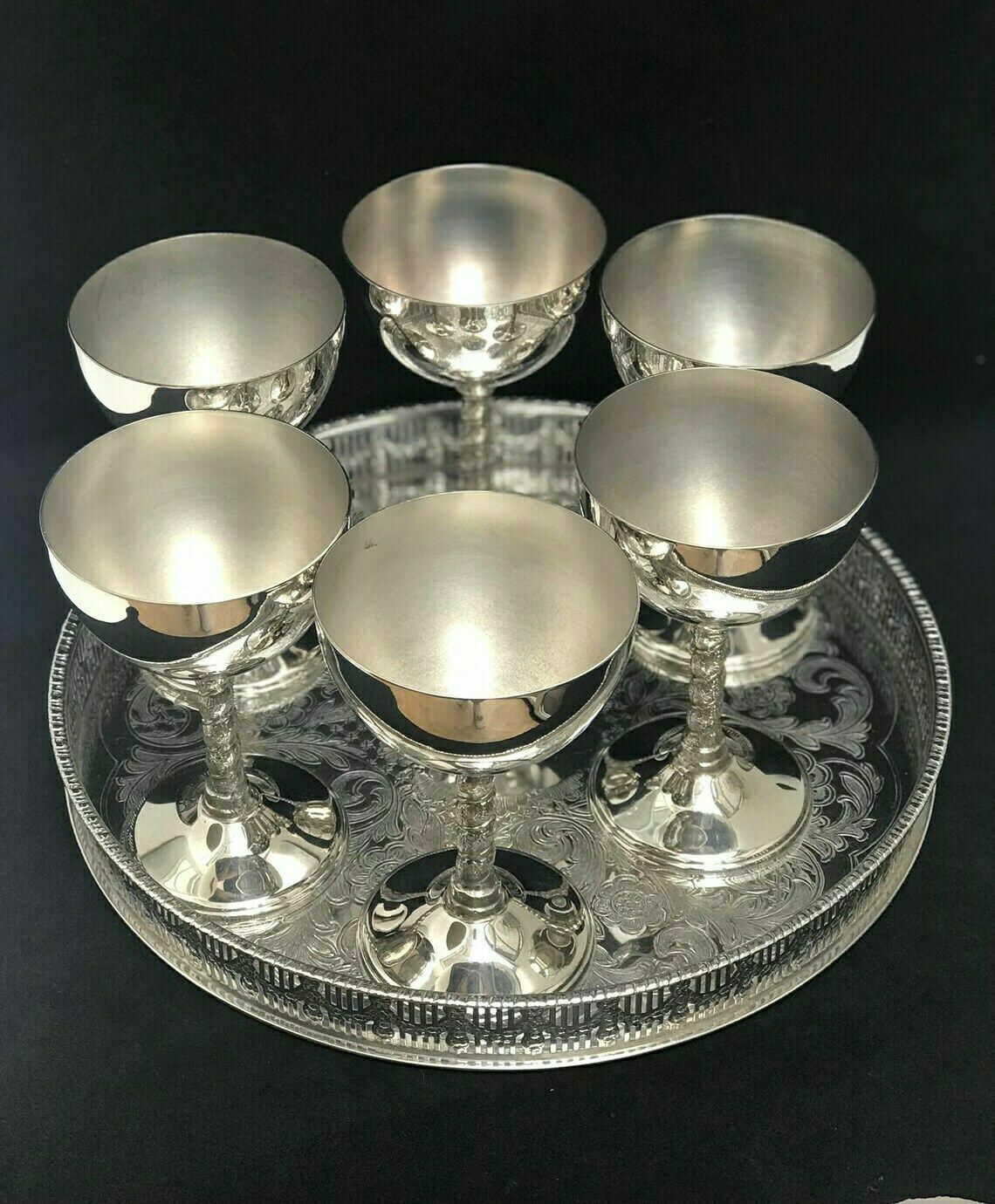 Ice Cream Cups On Pedestal 6 Dessert Bowl Champagne Or Wine Cups In Silvered Metal Sorbet Cups Art Deco, Liqueur, Dessert Or Cream Cups photo Home Decor