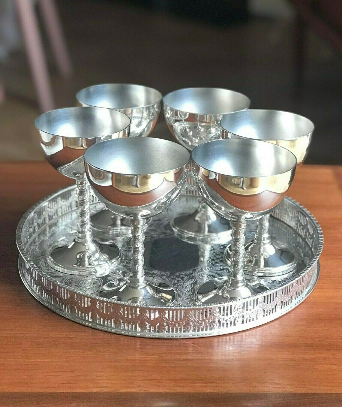 photo furniture Ice Cream Cups On Pedestal 6 Dessert Bowl Champagne Or Wine Cups In Silvered Metal Sorbet Cups Art Deco, Liqueur, Dessert Or Cream Cups