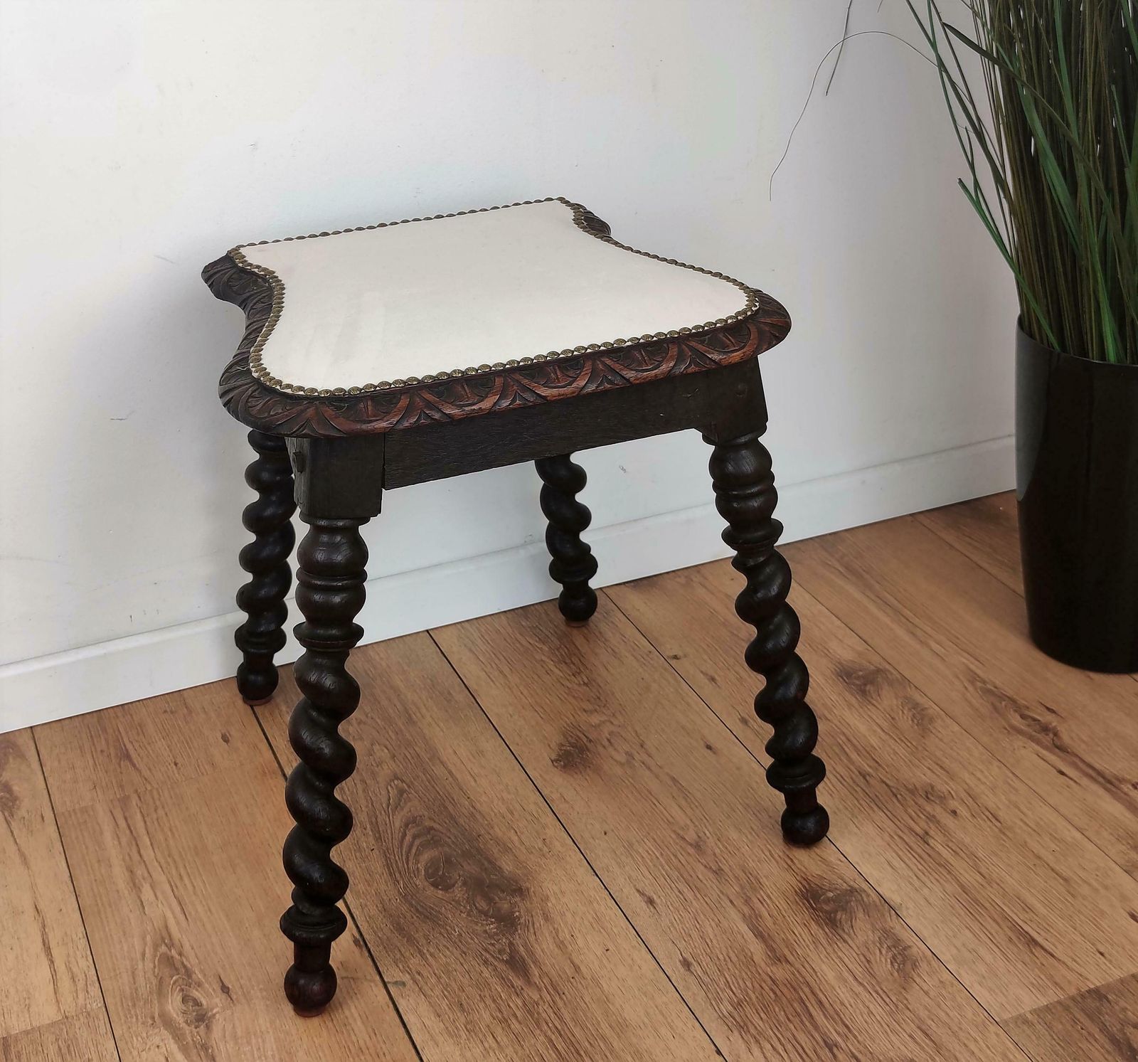 Antique Needlepoint Re Upholstered Carved Beveled Top Barley Twist Legs Stool