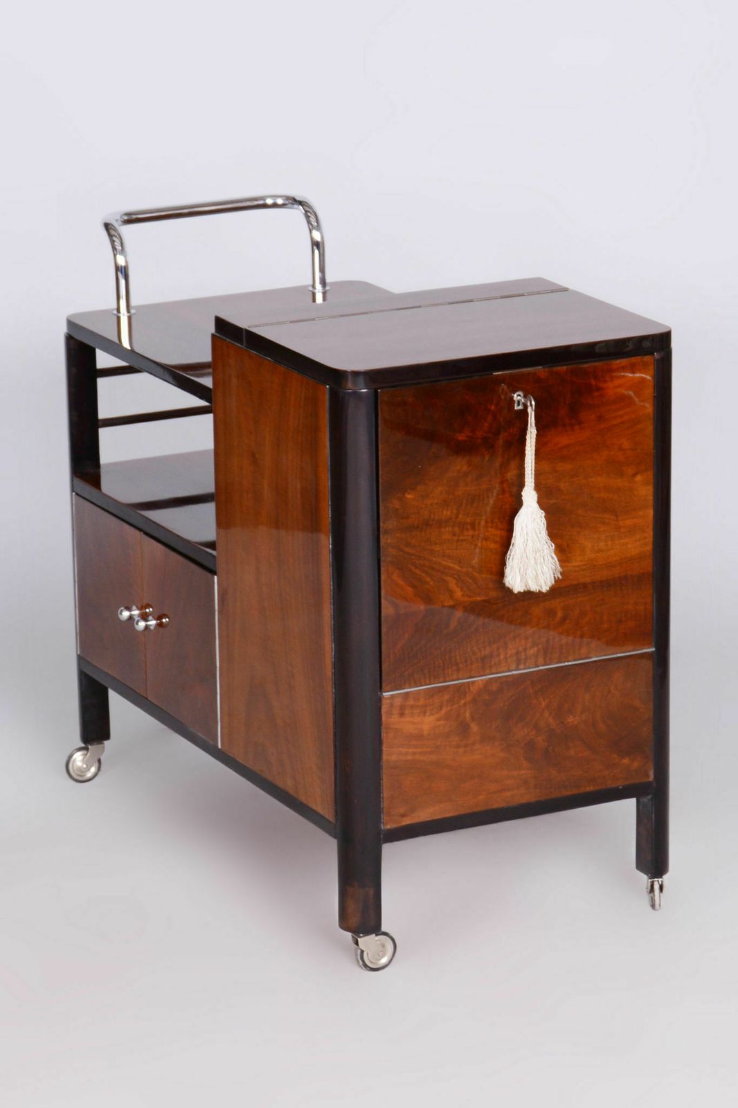 Restored Artdeco Walnut Trolley By Thonet, Chrome Plated Steel, Czechia, 1930s photo buy