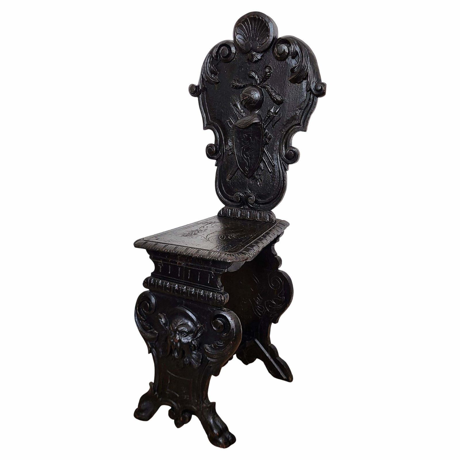 Antique Italian Carved Wood Coat Of Arms Chair