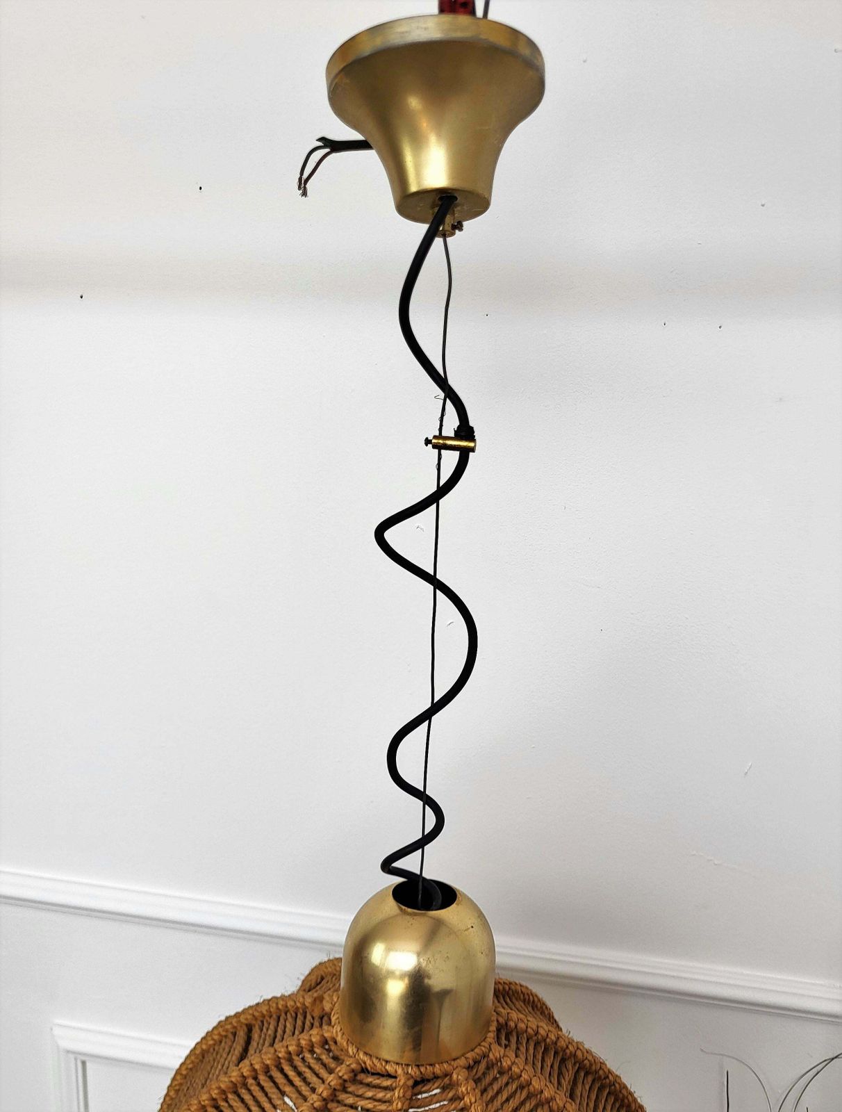 1960s Italian Gilt Brass Cord Woven Rope Pendant Suspension Hanging Light photo Lighting